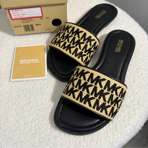Michael Kors Deanna Black and Tan Slide Sandals - Picture 6 of 9